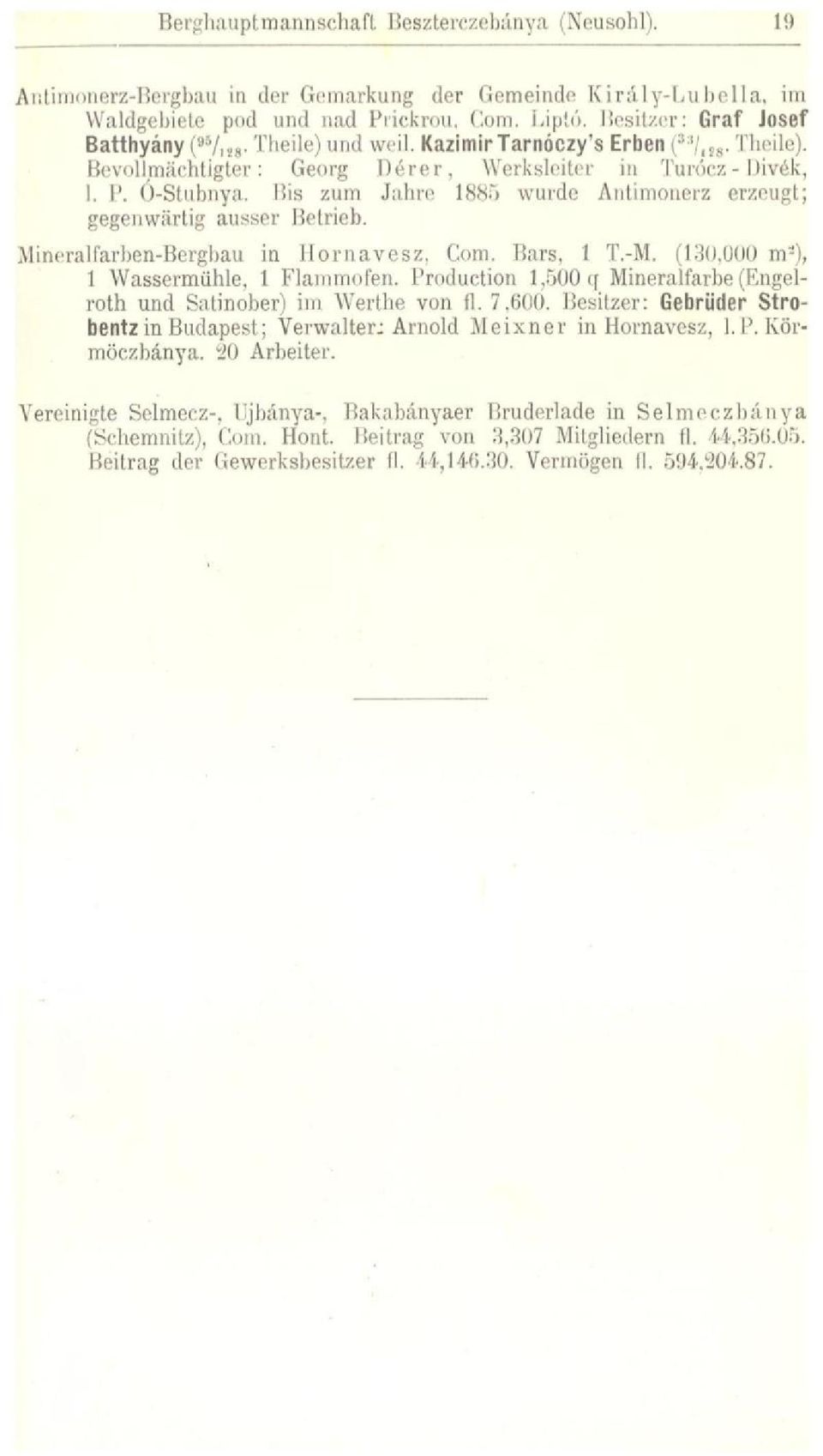 Bis zum Jahre 1885 wurde Antimonerz erzeugt; gegenwärtig ausser Betrieb. Mineralfarben-Bergbau in llornavesz. Com. Bars, 1 T.-M. (130.000 m-), I Wassermühle, 1 Flammofen.