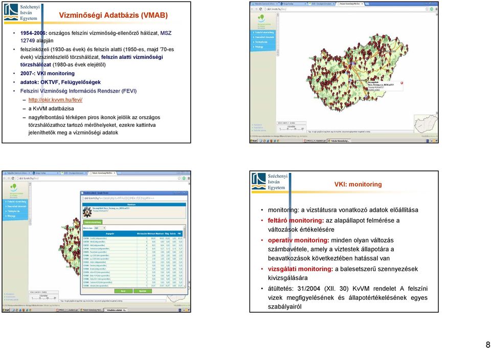 hu/fevi/ a KvVM adatbázisa nagyfelbontású térképen piros ikonok jelölik az országos törzshálózathoz tartozó mérőhelyeket, ezekre kattintva jeleníthetők meg a vízminőségi adatok VKI: monitoring