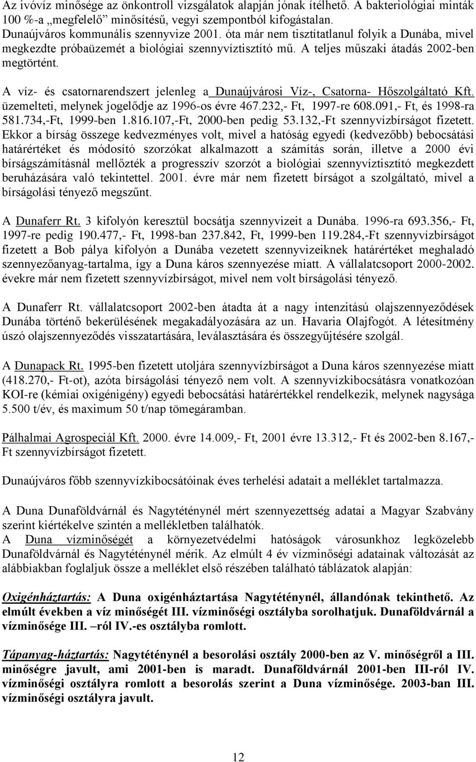 A víz- és csatornarendszert jelenleg a Dunaújvárosi Víz-, Csatorna- Hőszolgáltató Kft. üzemelteti, melynek jogelődje az 1996-os évre 467.232,- Ft, 1997-re 608.091,- Ft, és 1998-ra 581.