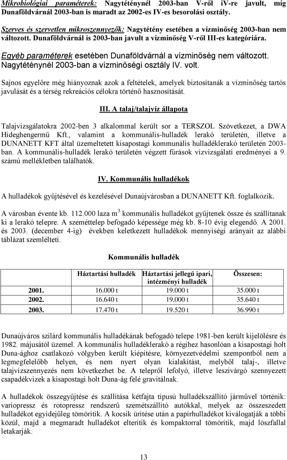 Egyéb paraméterek esetében Dunaföldvárnál a vízminőség nem változott. Nagytéténynél 2003-ban a vízminőségi osztály IV. volt.