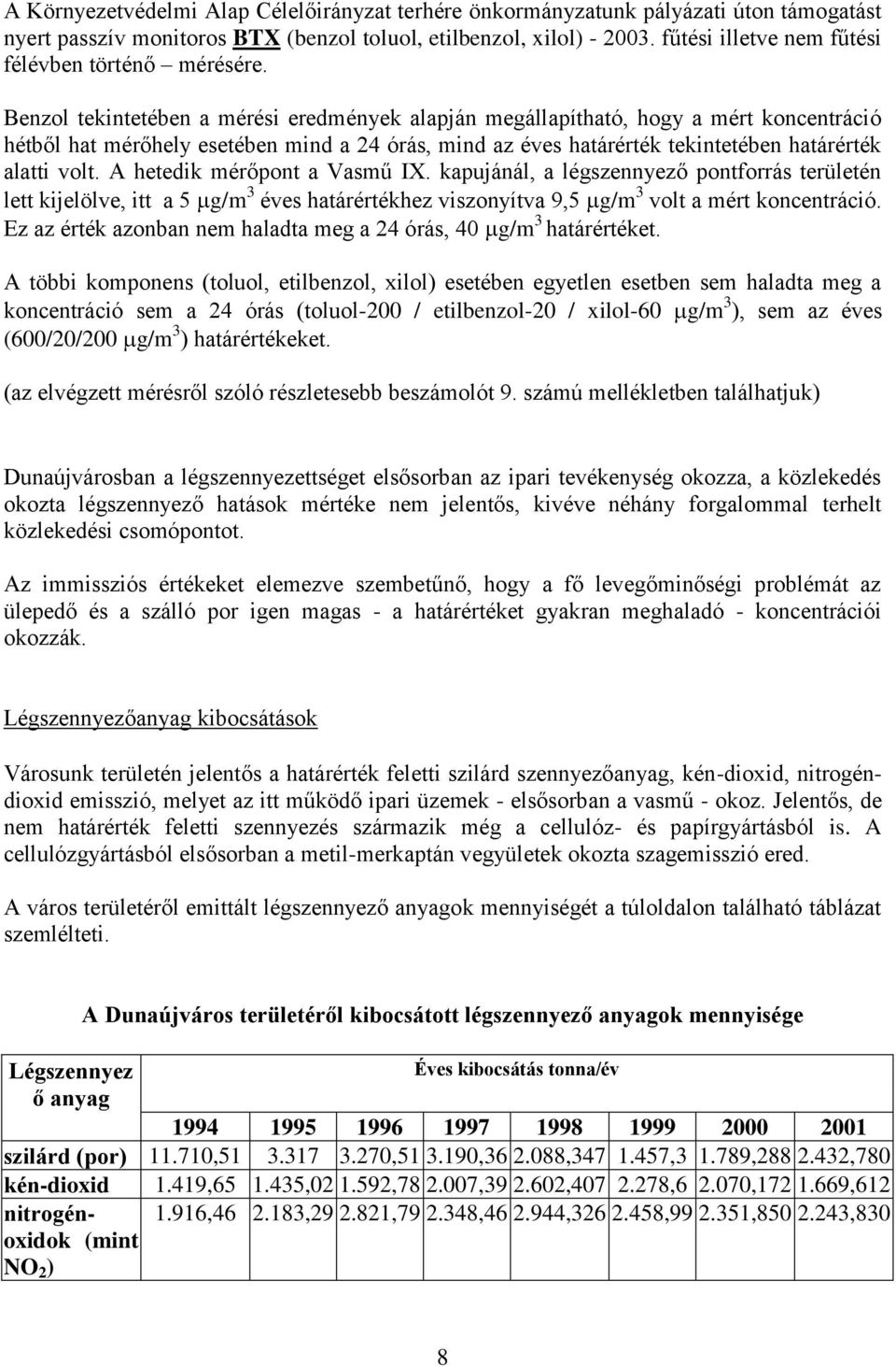 Benzol tekintetében a mérési eredmények alapján megállapítható, hogy a mért koncentráció hétből hat mérőhely esetében mind a 24 órás, mind az éves határérték tekintetében határérték alatti volt.