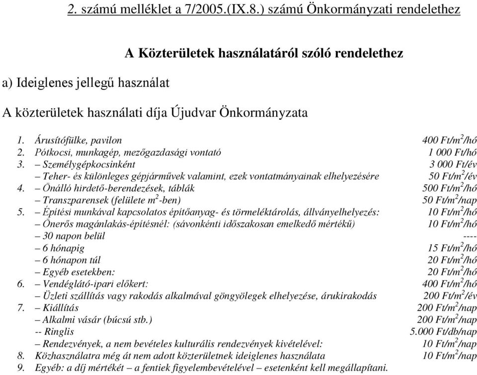 Árusítófülke, pavilon 400 Ft/m 2 /hó 2. Pótkocsi, munkagép, mezőgazdasági vontató 1 000 Ft/hó 3.