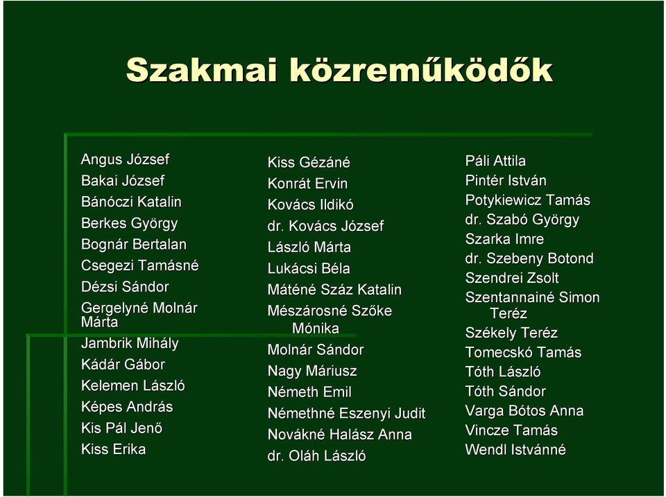 Kovács József László Márta Lukácsi Béla Máténé Száz Katalin Mészárosné Szőke Mónika Molnár Sándor Nagy Máriusz Németh Emil Némethné Eszenyi Judit Novákné Halász Anna dr.