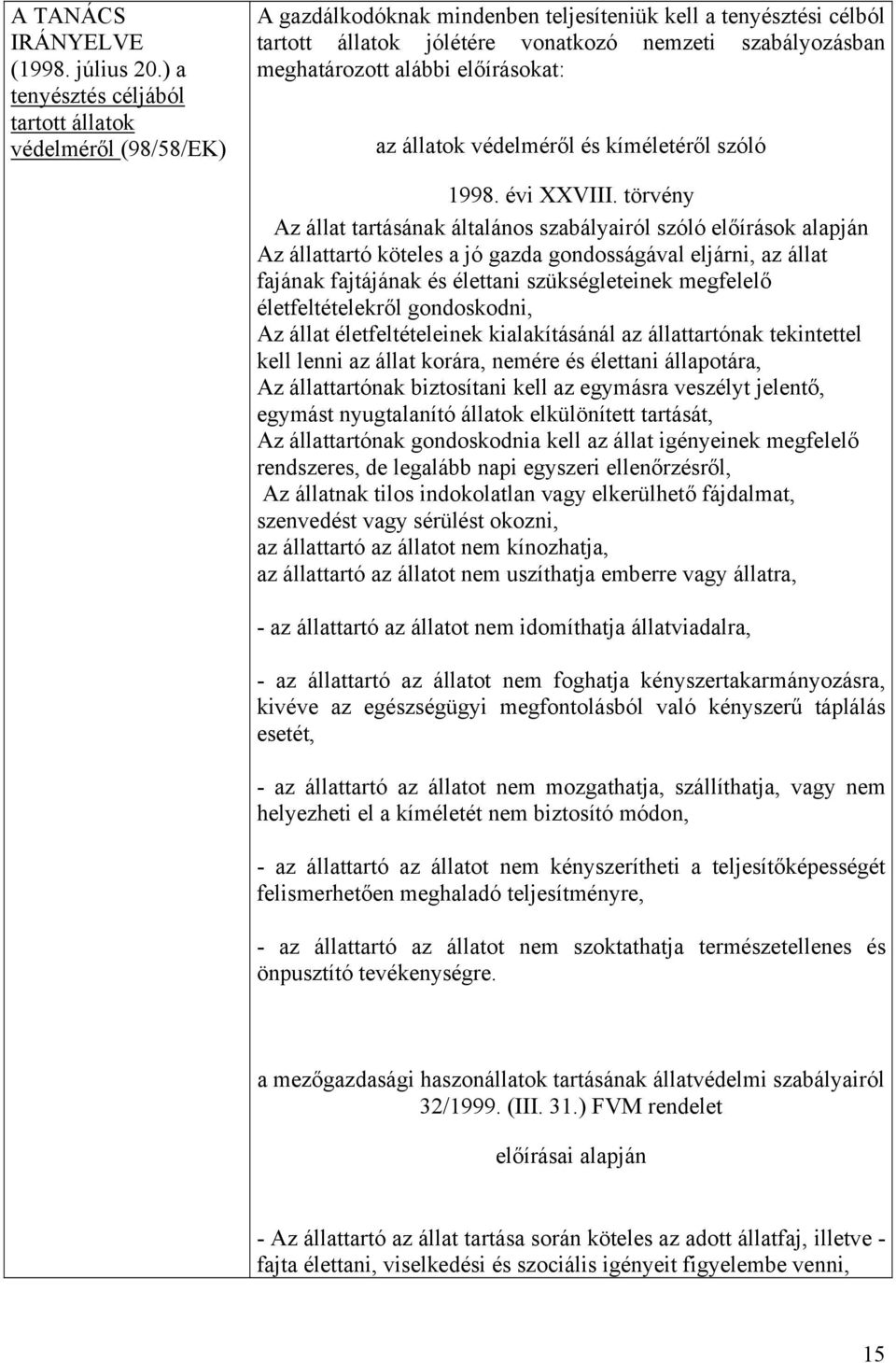 meghatározott alábbi előírásokat: az állatok védelméről és kíméletéről szóló 1998. évi XXVIII.