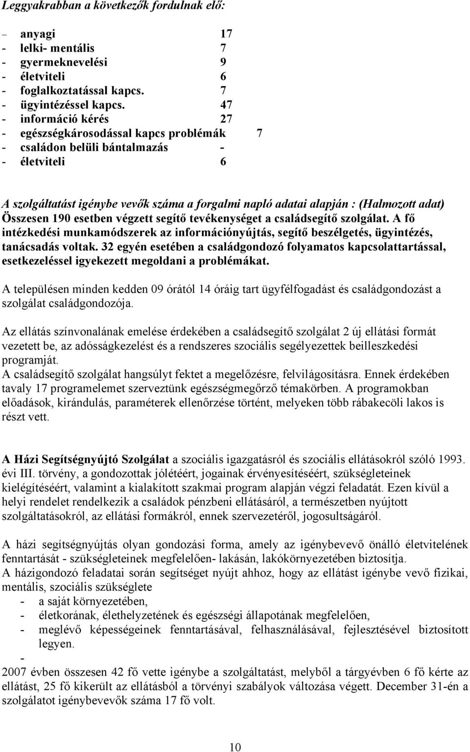 Összesen 190 esetben végzett segítő tevékenységet a családsegítő szolgálat. A fő intézkedési munkamódszerek az információnyújtás, segítő beszélgetés, ügyintézés, tanácsadás voltak.