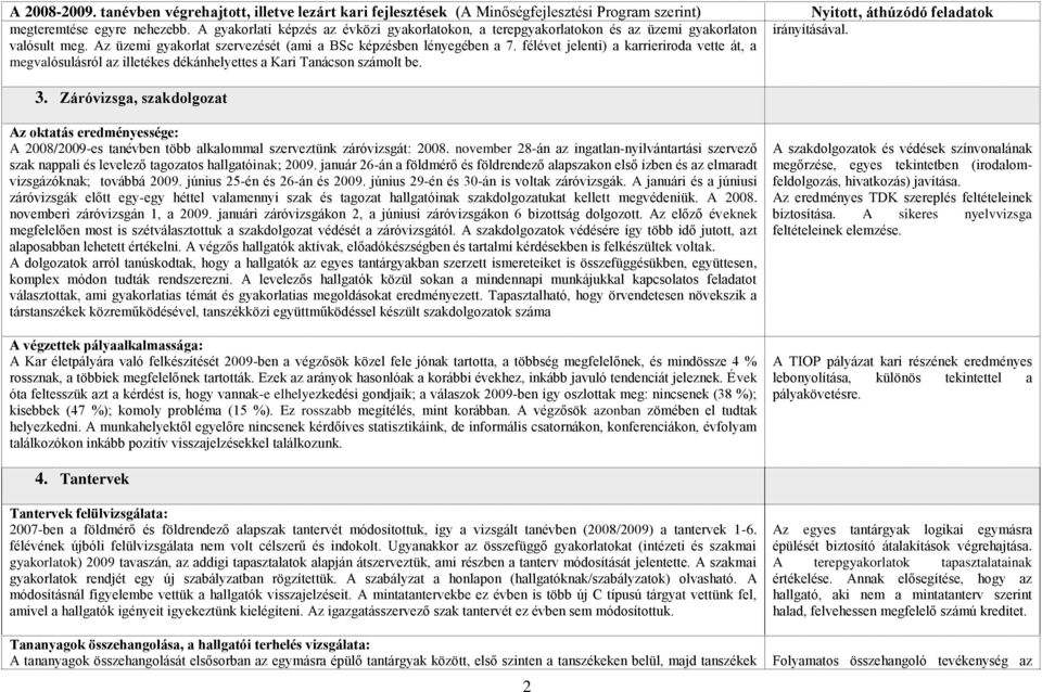 Záróvizsga, szakdolgozat Az oktatás eredményessége: A 2008/2009-es tanévben több alkalommal szerveztünk záróvizsgát: 2008.