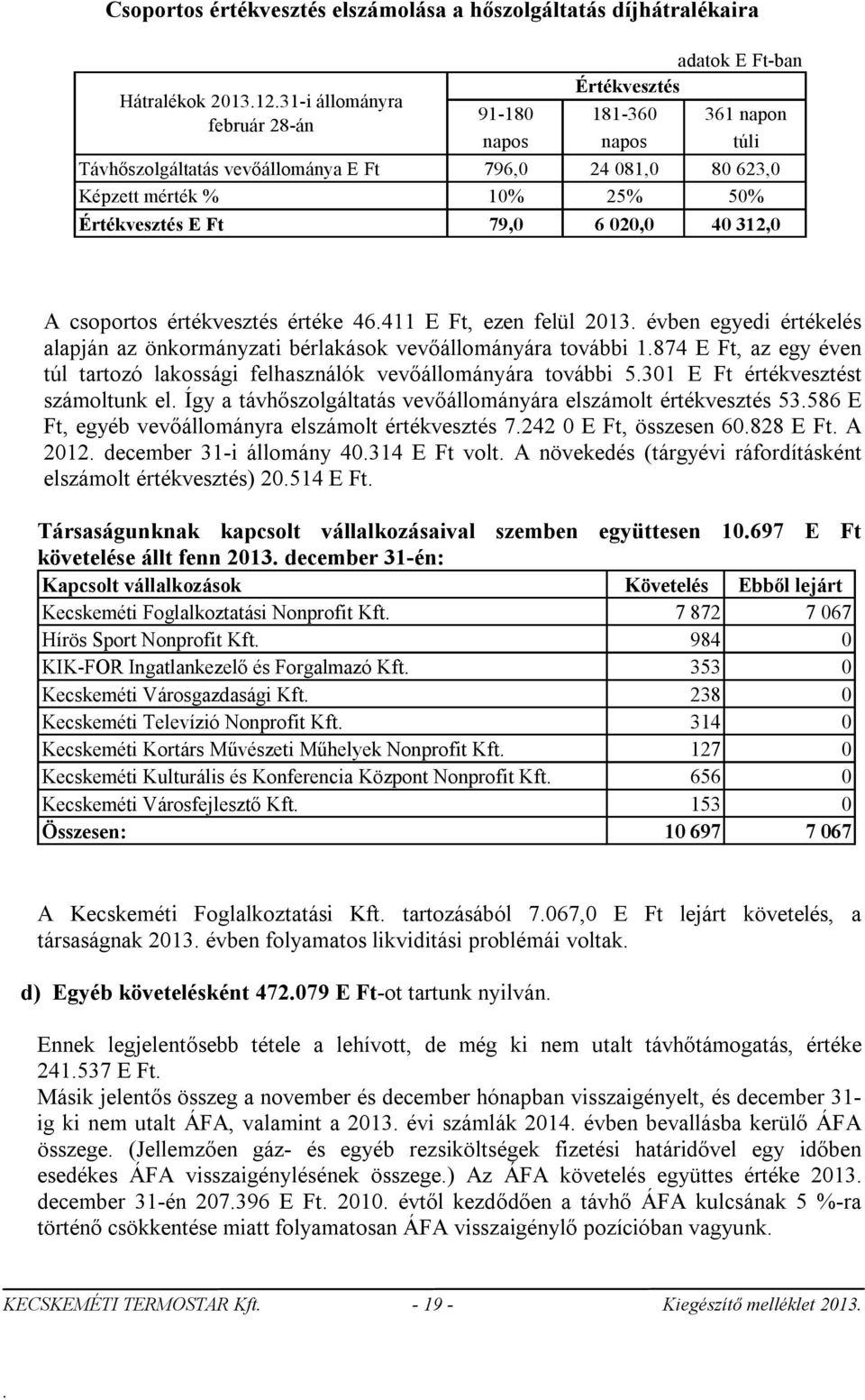 egyedi értékelés alapján az önkormányzati bérlakások vevőállományára további 1874 E Ft, az egy éven túl tartozó lakossági felhasználók vevőállományára további 5301 E Ft értékvesztést számoltunk el