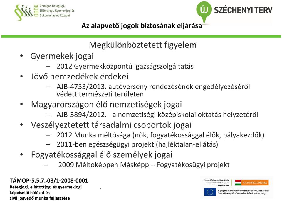 oktatás helyzetéről Veszélyeztetett társadalmi csoportok jogai Az alapvető jogok biztosának eljárása 2012 Munka méltósága (nők,