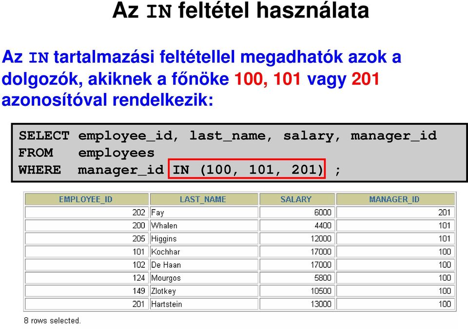 201 azonosítóval rendelkezik: SELECT employee_id,