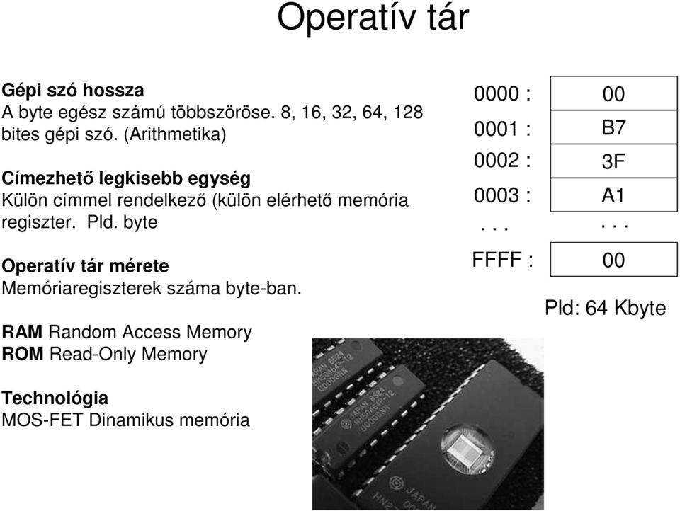 Pld. byte Operatív tár mérete Memóriaregiszterek száma byte-ban.
