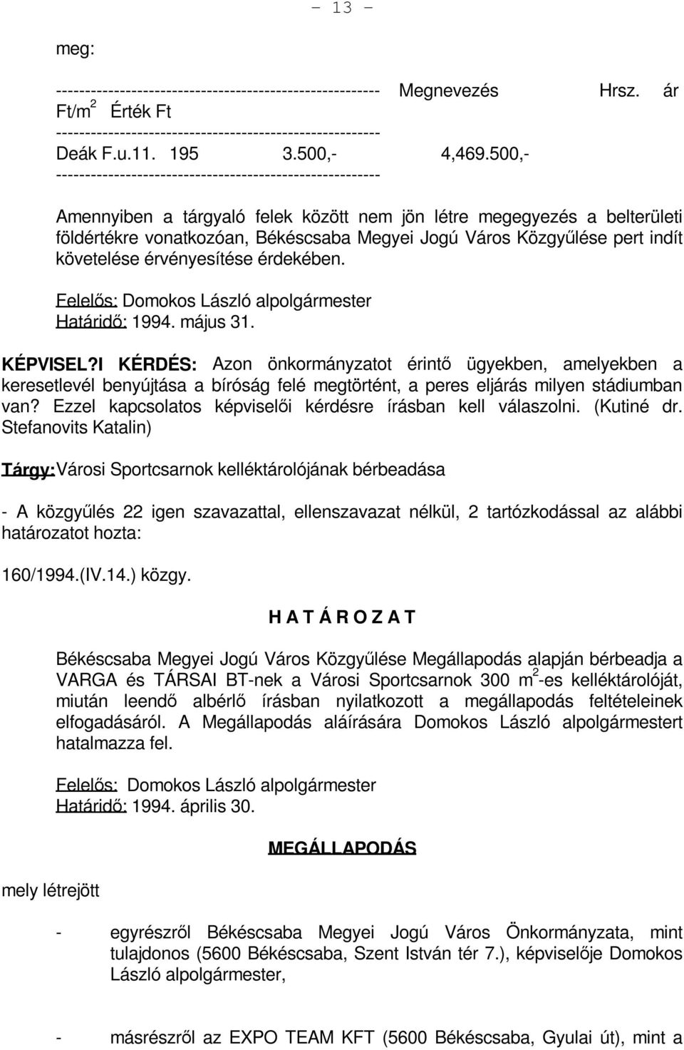 Közgyűlése pert indít követelése érvényesítése érdekében. Határidő: 1994. május 31. KÉPVISEL?