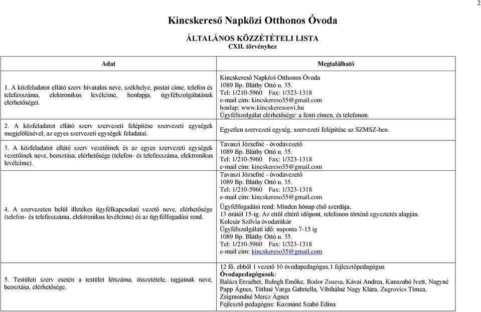 A közfeladatot ellátó szerv szervezeti felépítése szervezeti egységek megjelölésével, az egyes szervezeti egységek feladatai. 3.