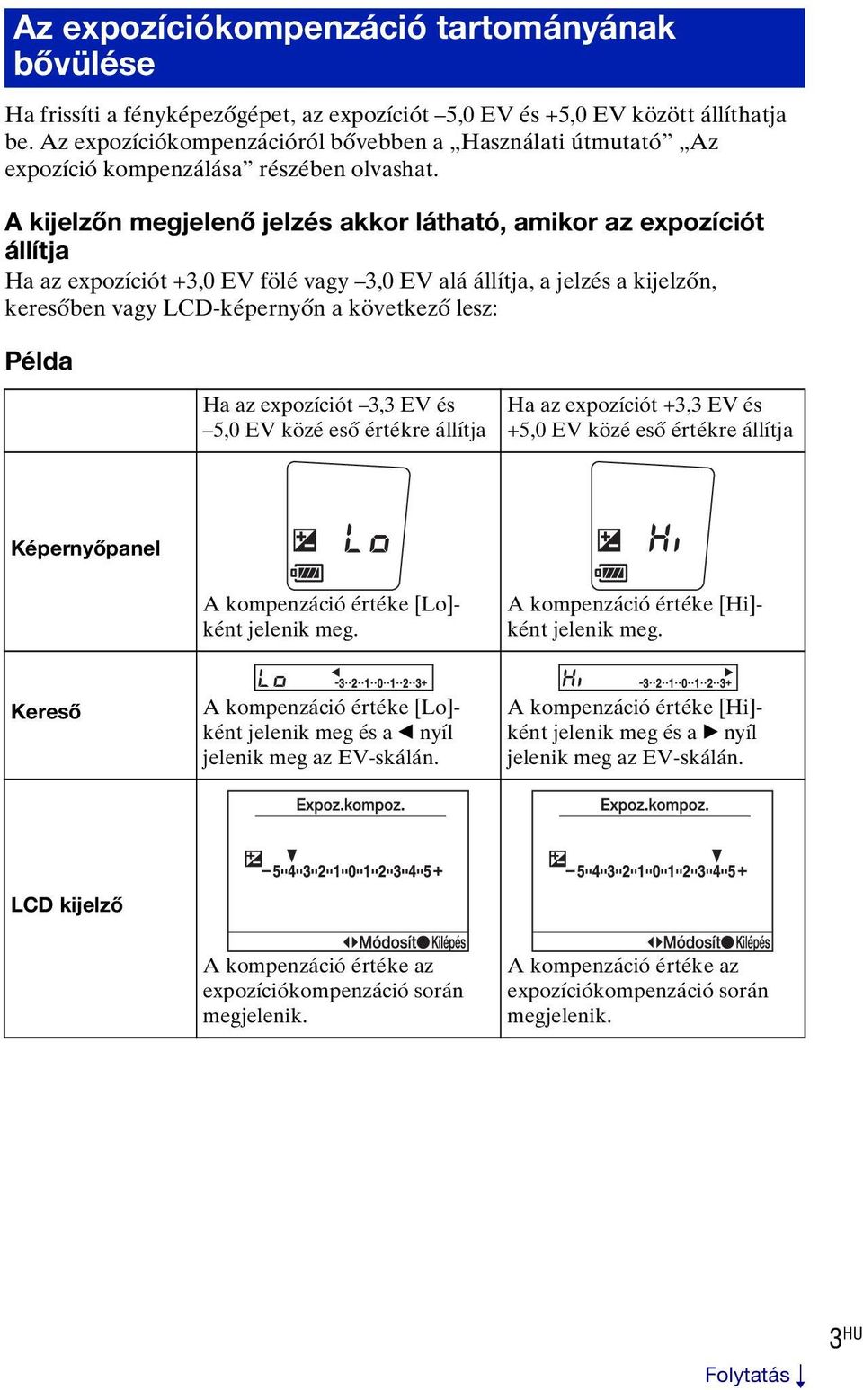 A kijelzőn megjelenő jelzés akkor látható, amikor az expozíciót állítja Ha az expozíciót +3,0 EV fölé vagy 3,0 EV alá állítja, a jelzés a kijelzőn, keresőben vagy LCD-képernyőn a következő lesz: