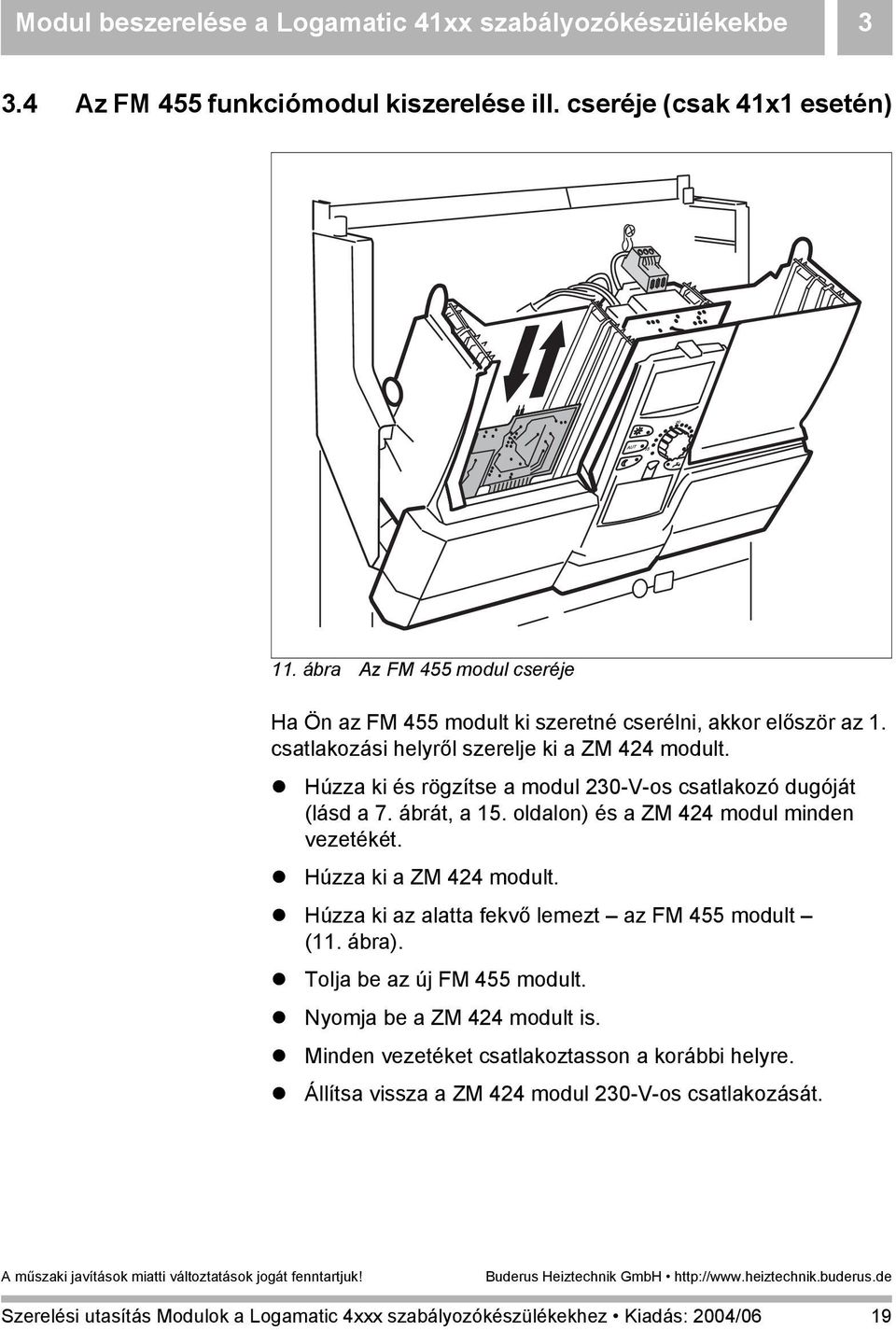 Húzza ki és rögzítse a modul 230-V-os csatlakozó dugóját (lásd a 7. ábrát, a 15. oldalon) és a ZM 424 modul minden vezetékét. Húzza ki a ZM 424 modult.