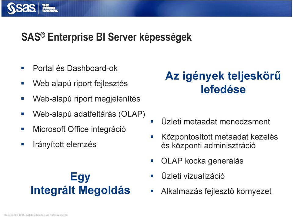 Integrált Megoldás Az igények teljeskörű lefedése Üzleti metaadat menedzsment Központosított metaadat