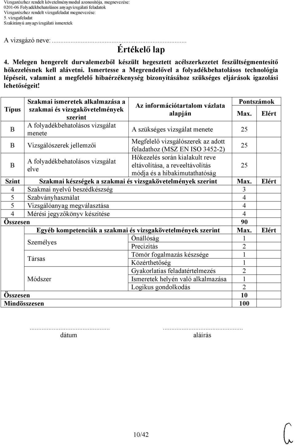 Típus Szakmai ismeretek alkalmazása a szakmai és vizsgakövetelmények szerint A folyadékbehatolásos vizsgálat menete Az információtartalom vázlata alapján Pontszámok Max.