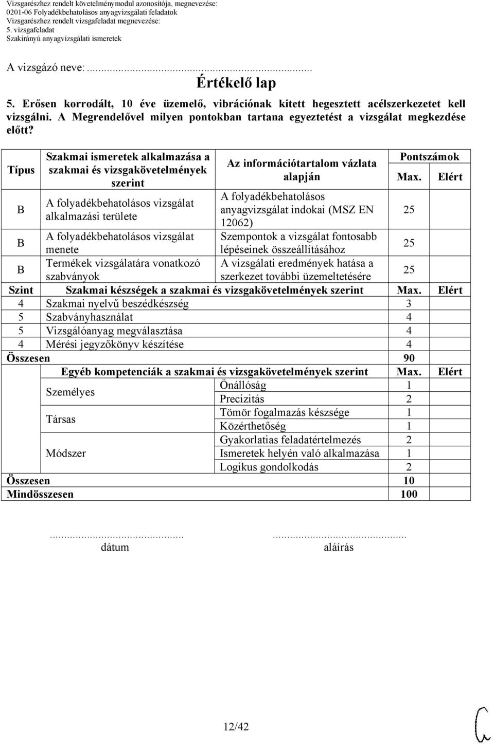 Típus Szakmai ismeretek alkalmazása a szakmai és vizsgakövetelmények szerint A folyadékbehatolásos vizsgálat alkalmazási területe Az információtartalom vázlata alapján A folyadékbehatolásos