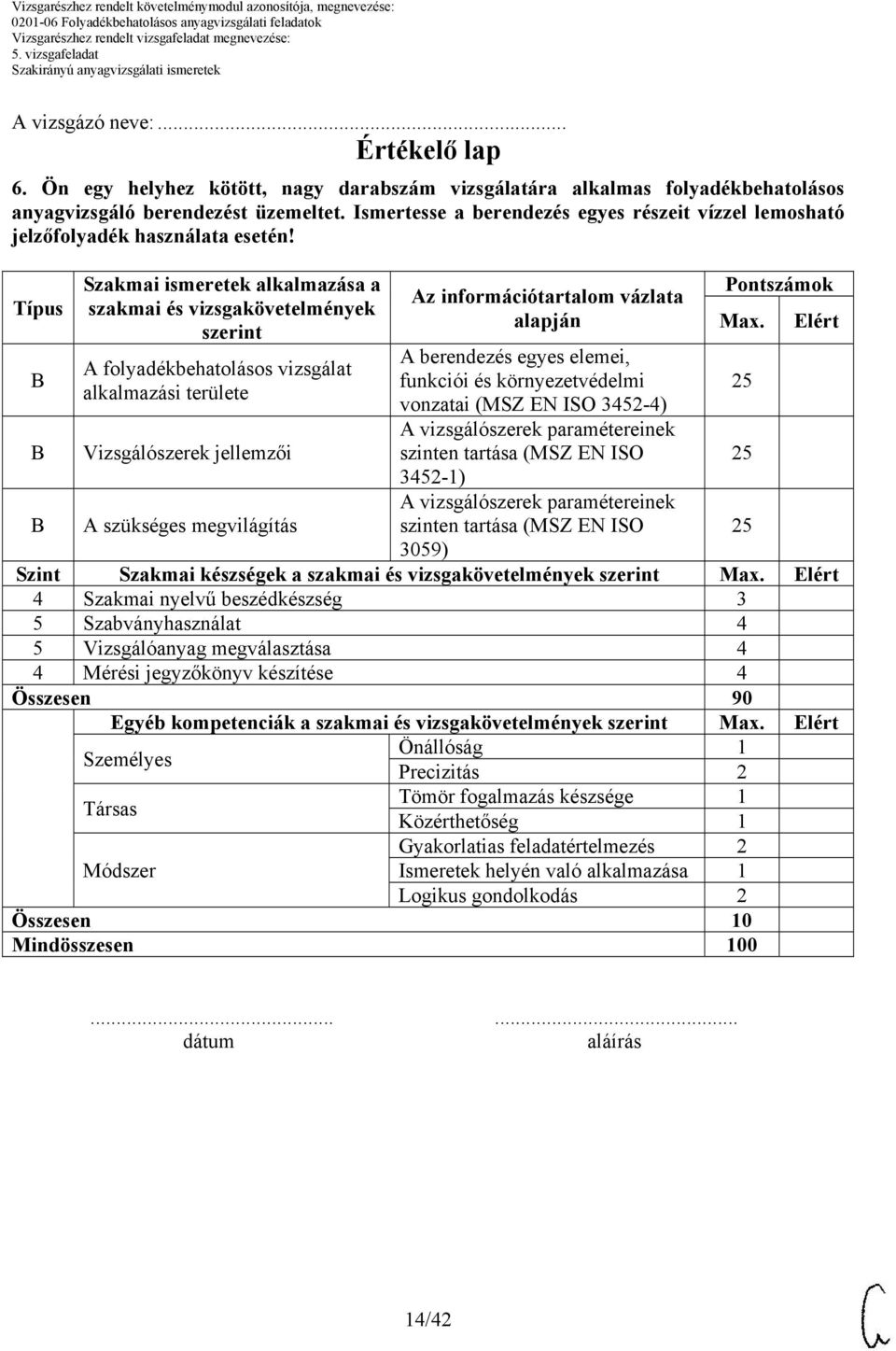 Típus Szakmai ismeretek alkalmazása a szakmai és vizsgakövetelmények szerint A folyadékbehatolásos vizsgálat alkalmazási területe Vizsgálószerek jellemzői A szükséges megvilágítás Az