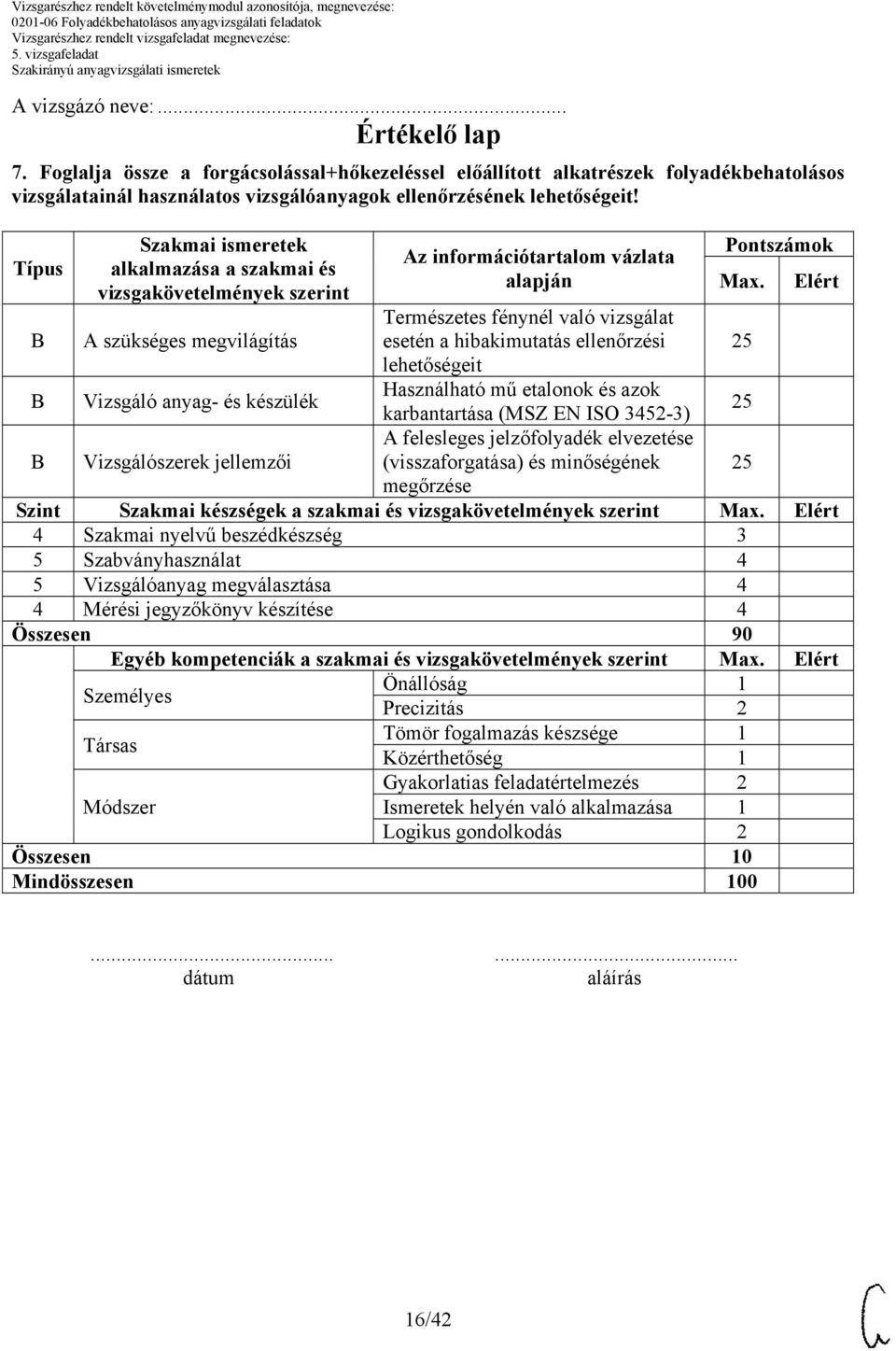 Természetes fénynél való vizsgálat esetén a hibakimutatás ellenőrzési lehetőségeit Használható mű etalonok és azok karbantartása (MSZ EN ISO 3452-3) A felesleges jelzőfolyadék elvezetése