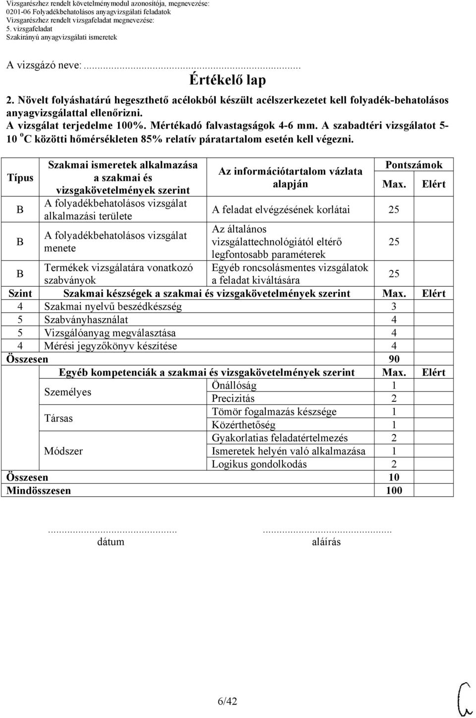 Típus Szakmai ismeretek alkalmazása a szakmai és vizsgakövetelmények szerint A folyadékbehatolásos vizsgálat alkalmazási területe A folyadékbehatolásos vizsgálat menete Az információtartalom vázlata