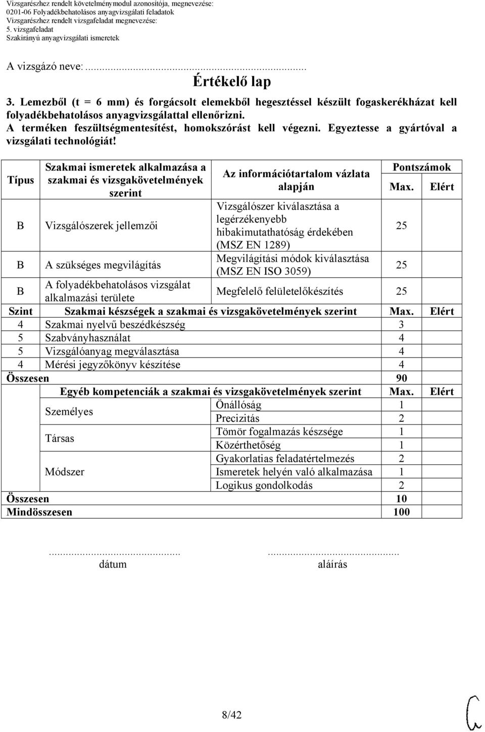 Típus Szakmai ismeretek alkalmazása a szakmai és vizsgakövetelmények szerint Vizsgálószerek jellemzői A szükséges megvilágítás Az információtartalom vázlata alapján Vizsgálószer kiválasztása a