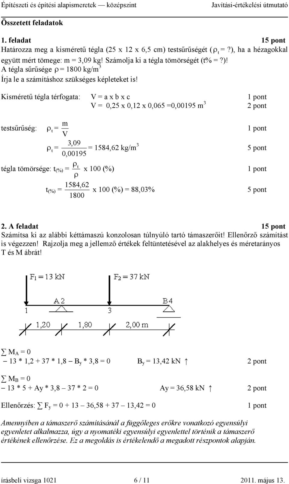 Kisméretű tégla térfogata: V = a x b x c V = 0,25 x 0,12 x 0,065 =0,00195 m 3 2 pont testsűrűség: m ρ t = V ρ t = 3,09 0,00195 = 1584,62 kg/m 3 5 pont tégla tömörsége: t (%) = ρ ρ t x 100 (%) t (%) =