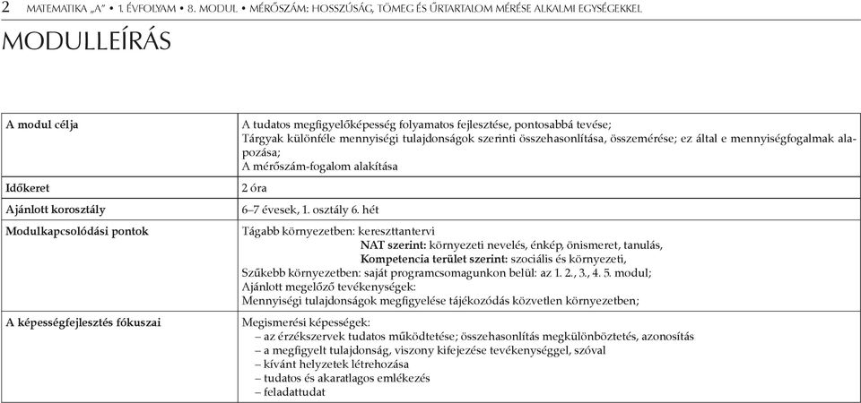 megfigyelőképesség folyamatos fejlesztése, pontosabbá tevése; Tárgyak különféle mennyiségi tulajdonságok szerinti összehasonlítása, összemérése; ez által e mennyiségfogalmak alapozása; A