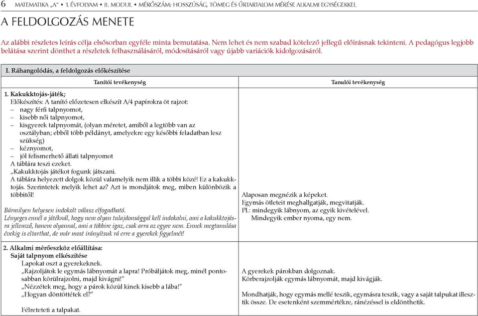 Ráhangolódás, a feldolgozás előkészítése Tanítói tevékenység 1.