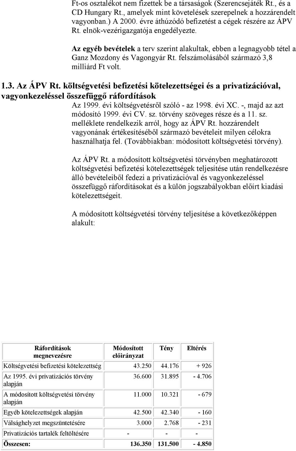 felszámolásából származó 3,8 milliárd Ft volt. 1.3. Az ÁPV Rt. költségvetési befizetési kötelezettségei és a privatizációval, vagyonkezeléssel összefüggő ráfordítások Az 1999.