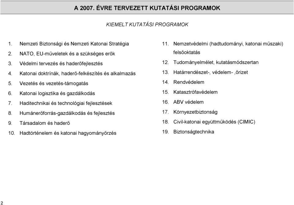 Haditechnikai és technológiai fejlesztések 8. Humánerıforrás-gazdálkodás és fejlesztés 9. Társadalom és haderı 10.