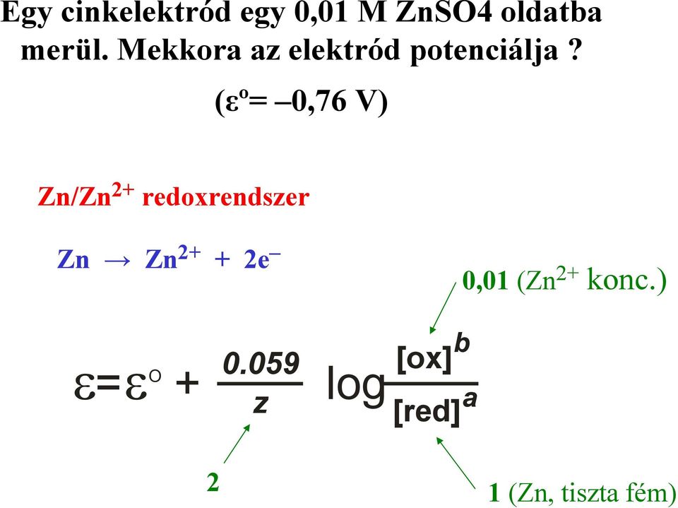 (εº= 0,76 V) Zn/Zn 2+ redoxrendszer Zn Zn 2+ + 2e