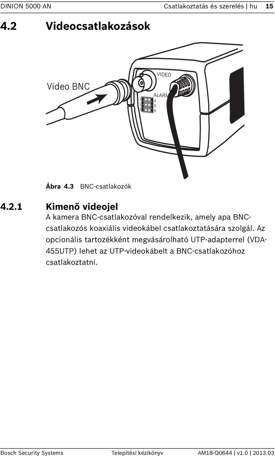 1 Kimenő videojel A kamera BNC-csatlakozóval rendelkezik, amely apa BNCcsatlakozós koaxiális videokábel