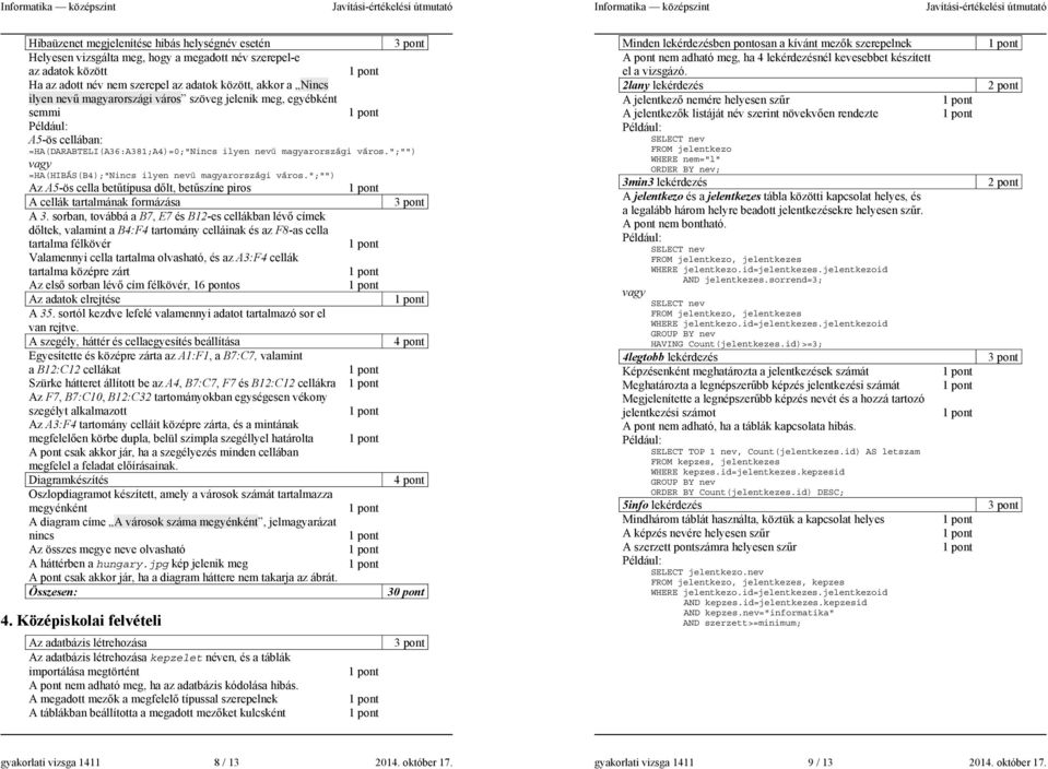 ";"") vagy =HA(HIBÁS(B4);"Nincs ilyen nev& magyarországi város.";"") Az A5-ös cella bet&típusa dlt, bet&színe piros A cellák tartalmának formázása A 3.