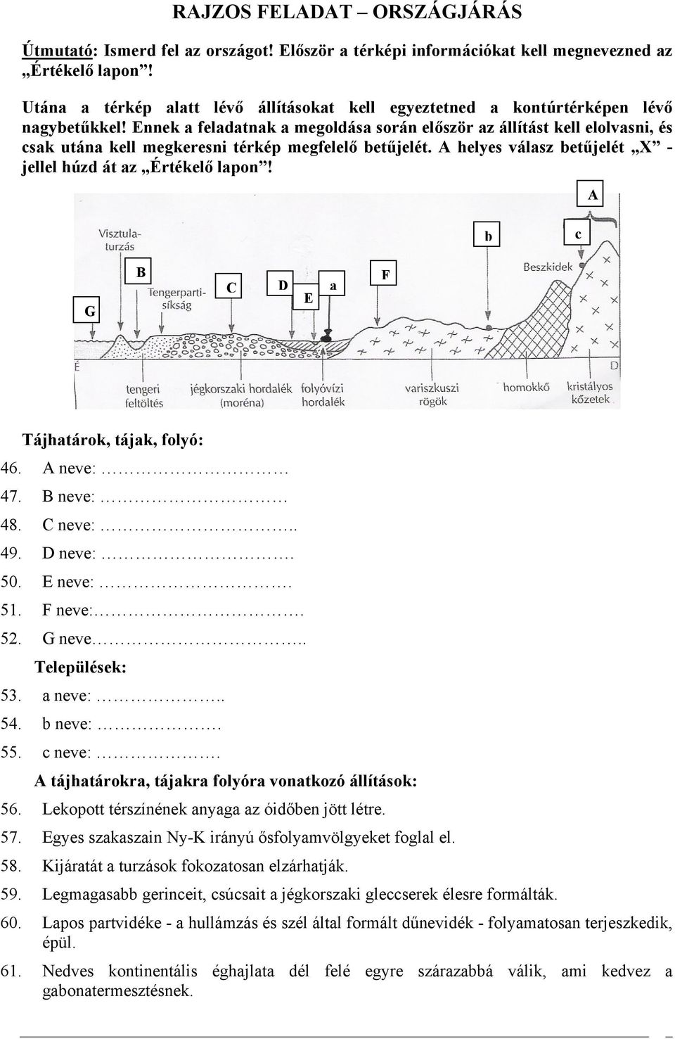 Ennek a feladatnak a megoldása során először az állítást kell elolvasni, és csak utána kell megkeresni térkép megfelelő betűjelét. A helyes válasz betűjelét X - jellel húzd át az Értékelő lapon!