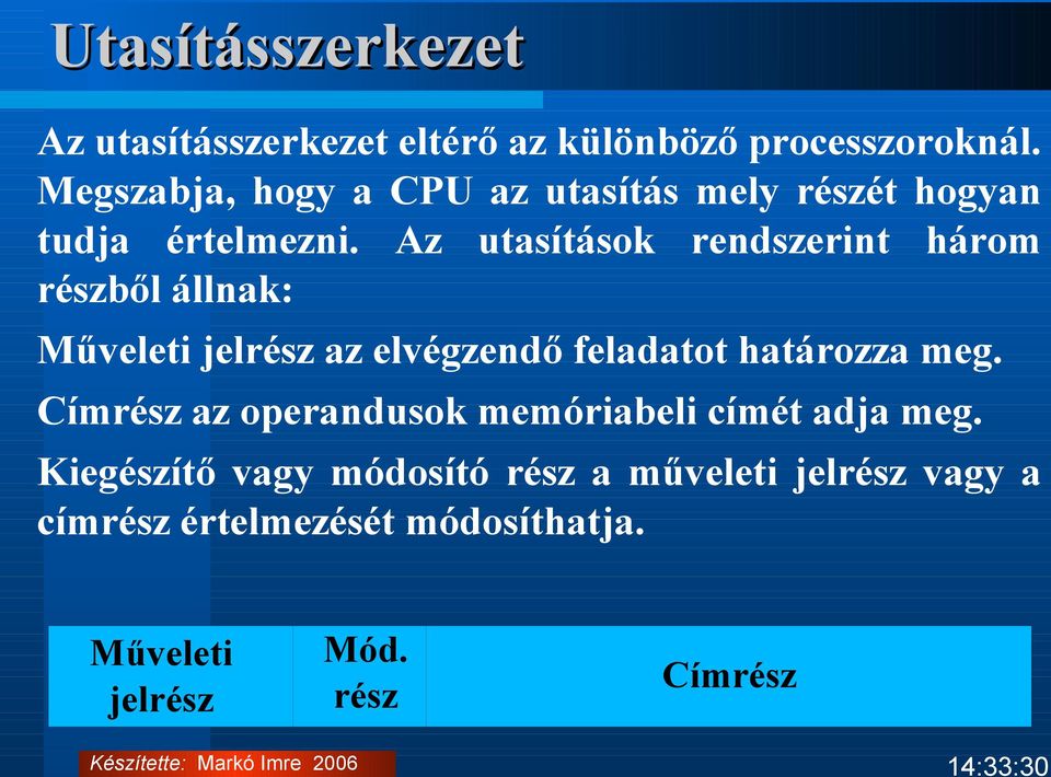 Az utasítások rendszerint három részből állnak: Műveleti jelrész az elvégzendő feladatot határozza meg.