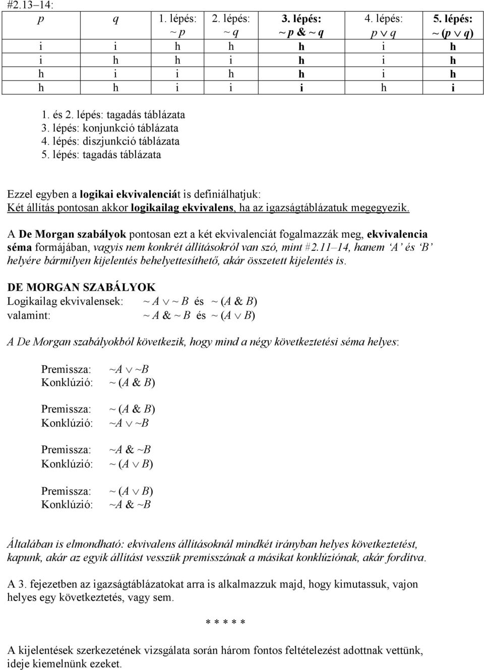 lépés: ~ (p q) Ezzel egyben a logikai ekvivalenciát is definiálhatjuk: Két állítás pontosan akkor logikailag ekvivalens, ha az igazságtáblázatuk megegyezik.