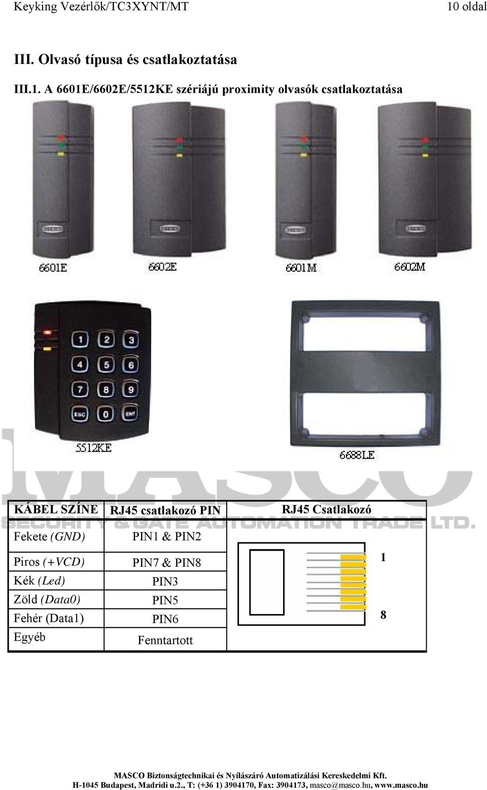 SZÍNE RJ45 csatlakozó PIN RJ45 Csatlakozó Fekete (GND) Piros (+VCD) Kék