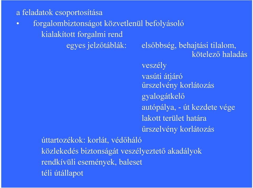 gyalogátkelő autópálya, -út kezdete vége lakott terület határa űrszelvény korlátozás úttartozékok: