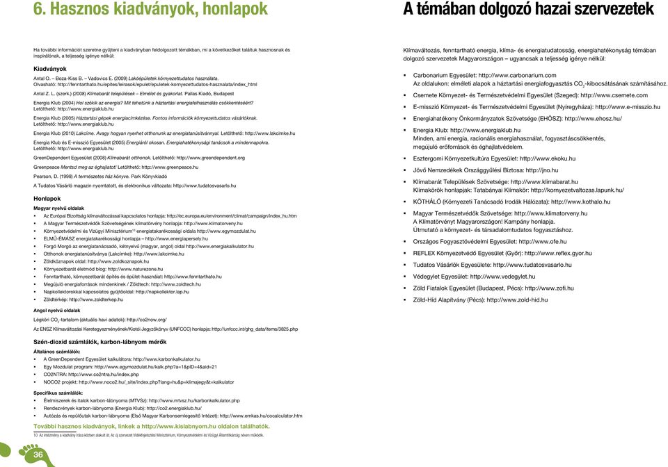 hu/epites/leirasok/epulet/epuletek-kornyezettudatos-hasznalata/index_html Antal Z. L. (szerk.) (2008) Klímabarát települések Elmélet és gyakorlat.