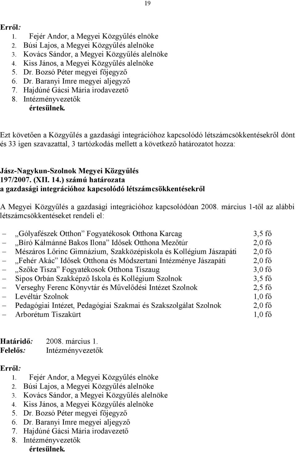 Intézményvezetők Ezt követően a Közgyűlés a gazdasági integrációhoz kapcsolódó létszámcsökkentésekről dönt és 33 igen szavazattal, 3 tartózkodás mellett a következő határozatot hozza: 197/2007. (XII.