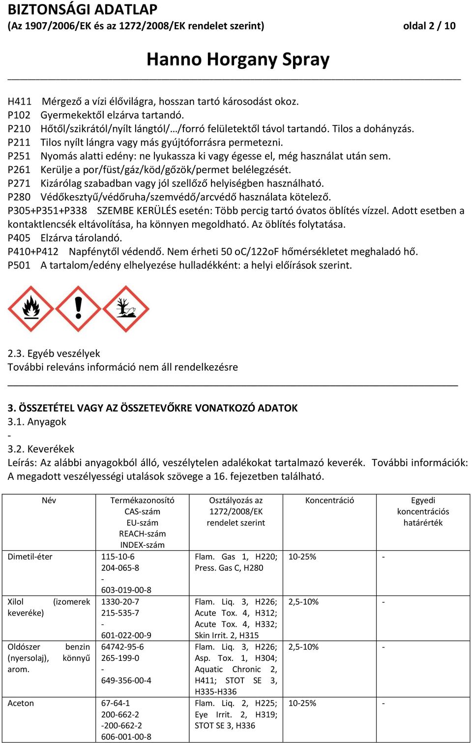 P251 Nyomás alatti edény: ne lyukassza ki vagy égesse el, még használat után sem. P261 Kerülje a por/füst/gáz/köd/gőzök/permet belélegzését.