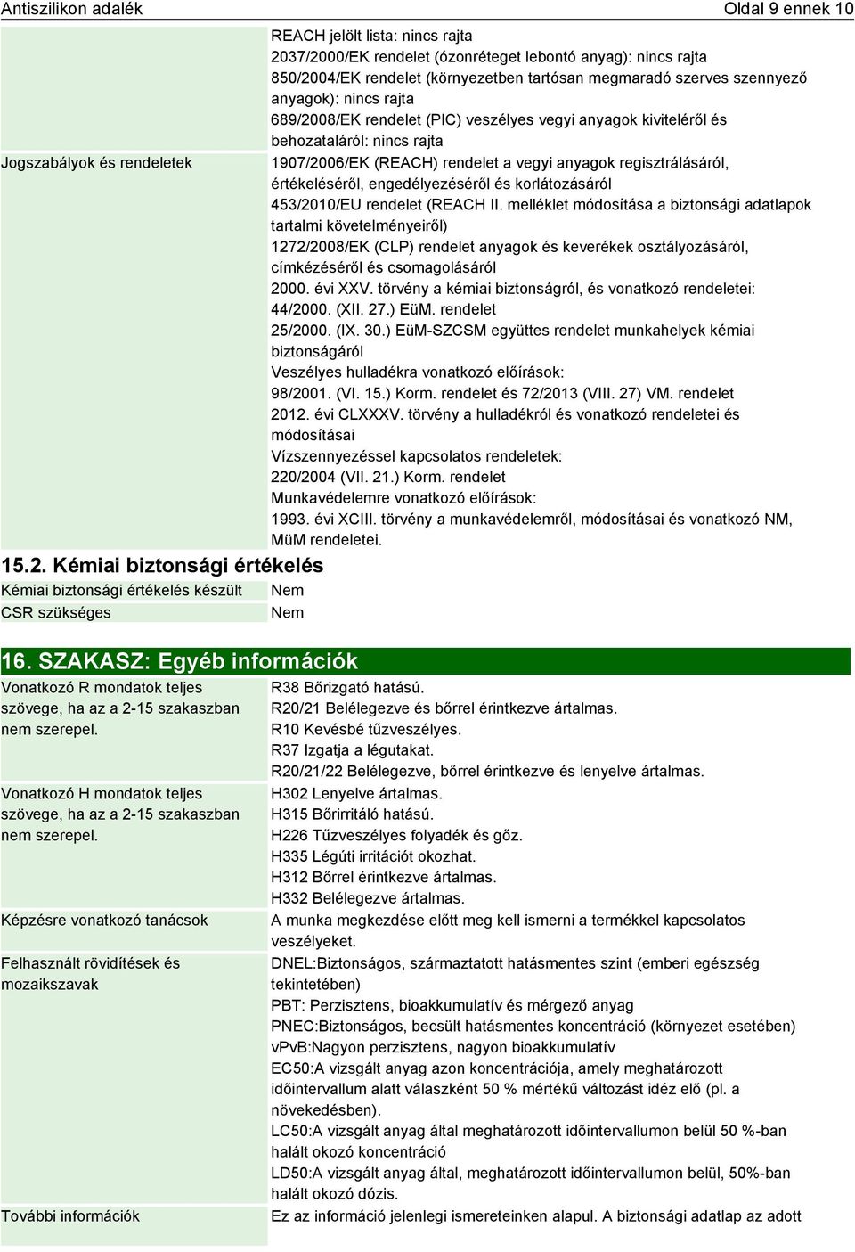 Képzésre vonatkozó tanácsok Felhasznált rövidítések és mozaikszavak További információk REACH jelölt lista: nincs rajta 2037/2000/EK rendelet (ózonréteget lebontó anyag): nincs rajta 850/2004/EK