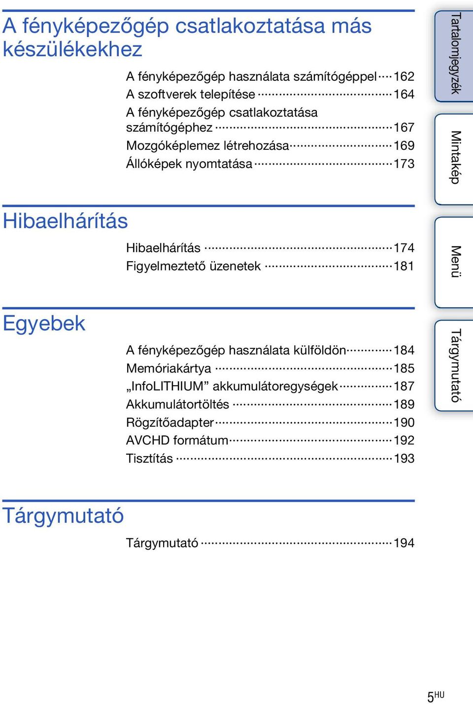 nyomtatása 173 Hibaelhárítás 174 Figyelmeztető üzenetek 181 A fényképezőgép használata külföldön 184 Memóriakártya 185