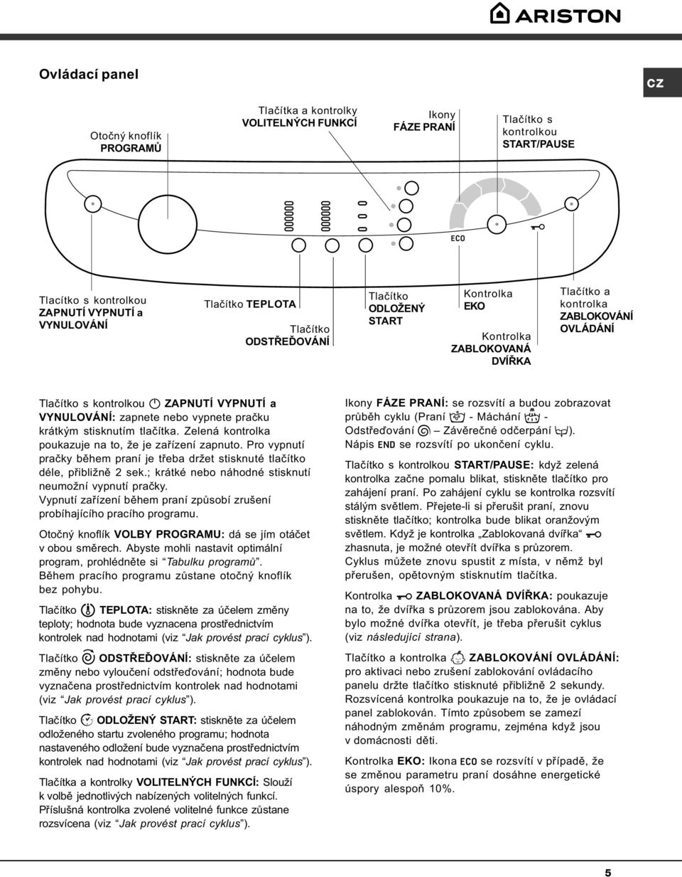 nebo vypnete praèku krátkým stisknutím tlaèítka. Zelená kontrolka poukazuje na to, že je zaøízení zapnuto. Pro vypnutí praèky bìhem praní je tøeba držet stisknuté tlaèítko déle, pøibližnì 2 sek.