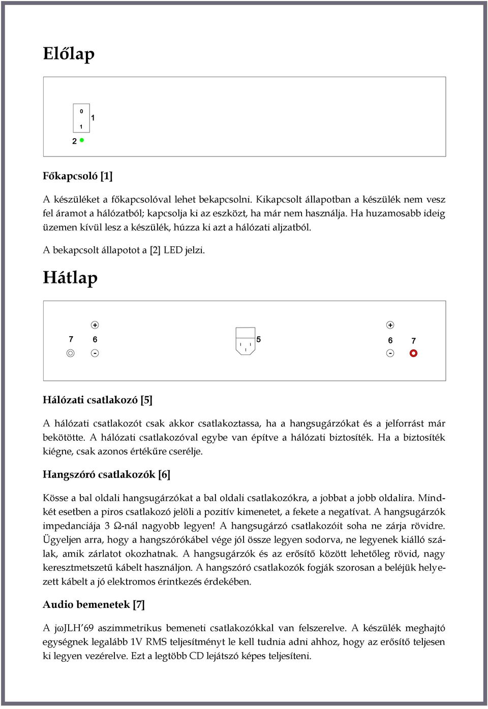 Hátlap Hálózati csatlakozó [5] A hálózati csatlakozót csak akkor csatlakoztassa, ha a hangsugárzókat és a jelforrást már bekötötte. A hálózati csatlakozóval egybe van építve a hálózati biztosíték.