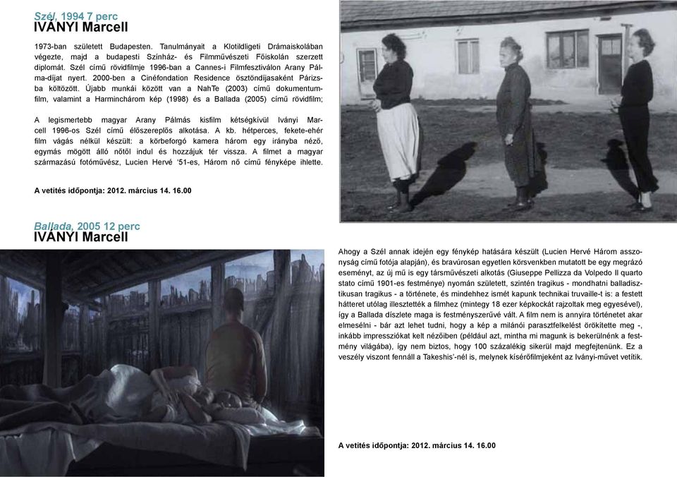 Újabb munkái között van a NahTe (2003) című dokumentumfilm, valamint a Harminchárom kép (1998) és a Ballada (2005) című rövidfilm; A legismertebb magyar Arany Pálmás kisfilm kétségkívül Iványi