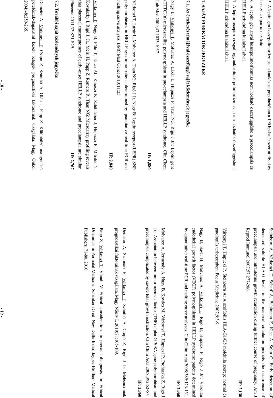 A leptin receptor vizsgált egynukleotidos polimorfizmusai nem hozhatók összefüggésbe a HELLP szindróma kialakulásával. 7. SAJÁT PUBIKÁCIÓK JEGYZÉKE 7.1.