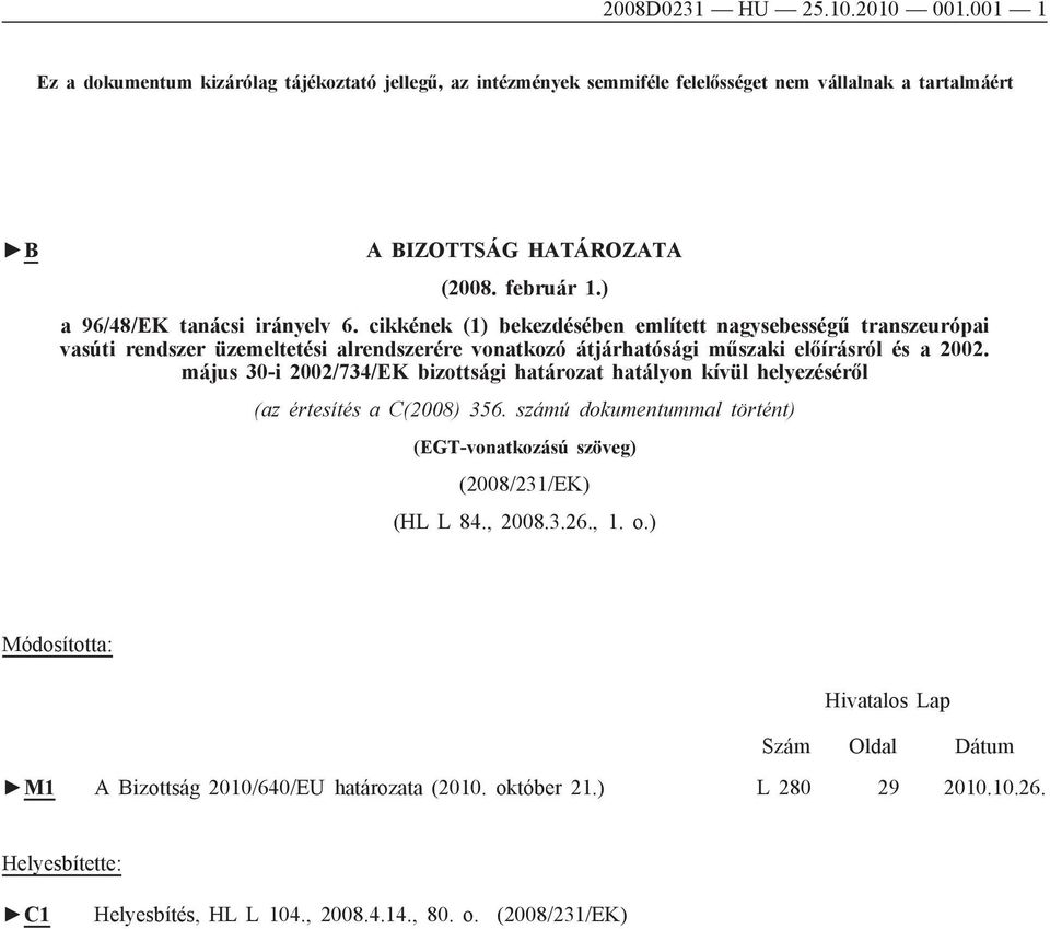 május 30-i 2002/734/EK bizottsági határozat hatályon kívül helyezéséről (az értesítés a C(2008) 356. számú dokumentummal történt) (EGT-vonatkozású szöveg) (2008/231/EK) (HL L 84., 2008.3.26., 1.
