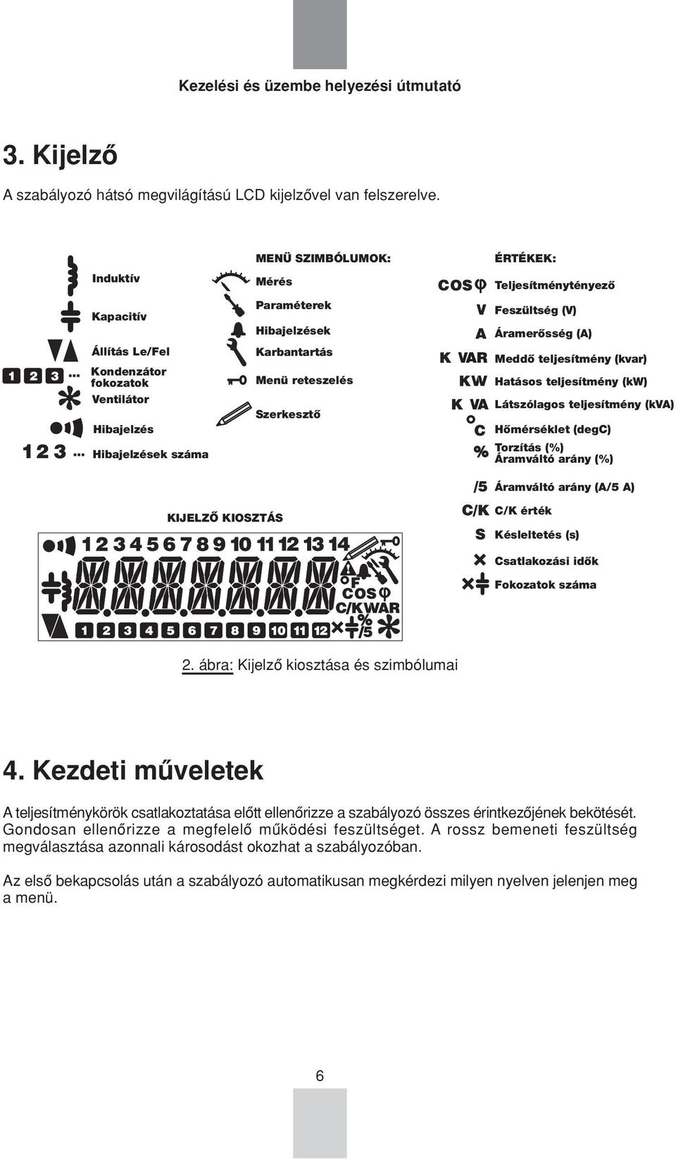 Teljesítménytényezô Feszültség (V) Áramerôsség (A) Meddô teljesítmény (kvar) Hatásos teljesítmény (kw) Látszólagos teljesítmény (kva) Hômérséklet (degc) Torzítás (%) Áramváltó arány (%) Áramváltó