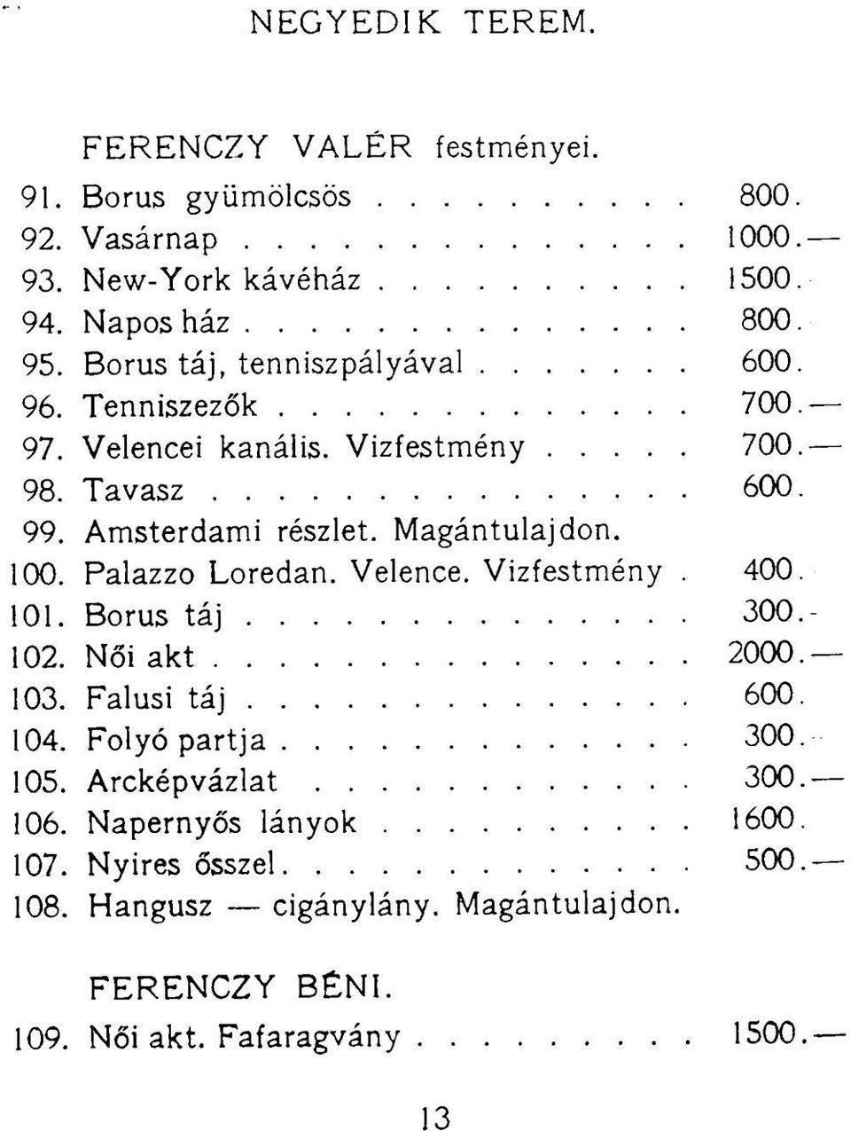 Magántulajdon. 100. Palazzo Loredan. Velence. Vizfestmény. 400 101. Borús táj 300 102. Női akt 2000 103. Falusi táj 600 104.